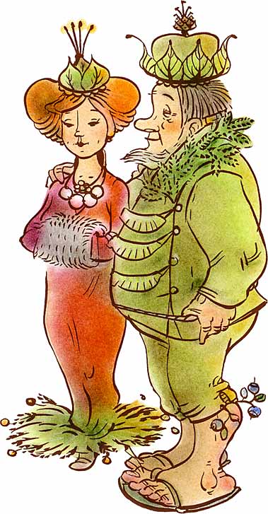 Metsolan hallitsijapari Mielikki ja Tapio hymyilevät lempeästi hienoissa marjoilla ja lehdillä koristelluissa juhlapuvuissaan.